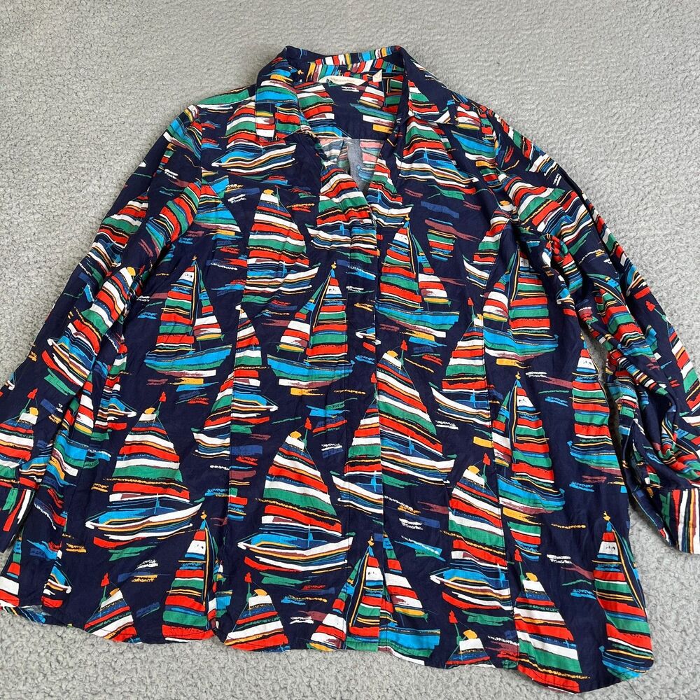Soft Surroundings Blouse Women PL Blue Sail Away Boat Nautical Tunic Coastal Top